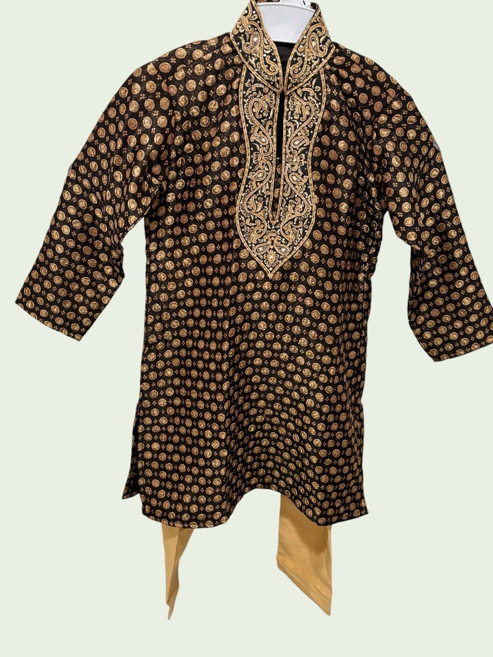 Kids Black & Gold Embroidered Kurta Pajama Set Size 6